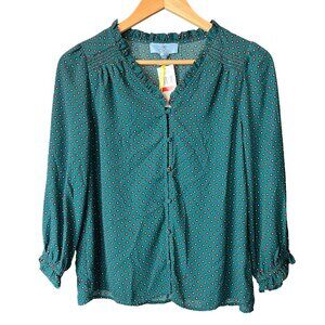 CeCe Ponderosa Pine Green Ruffle Split Neck Polka Dot Blouse Top XS NWT